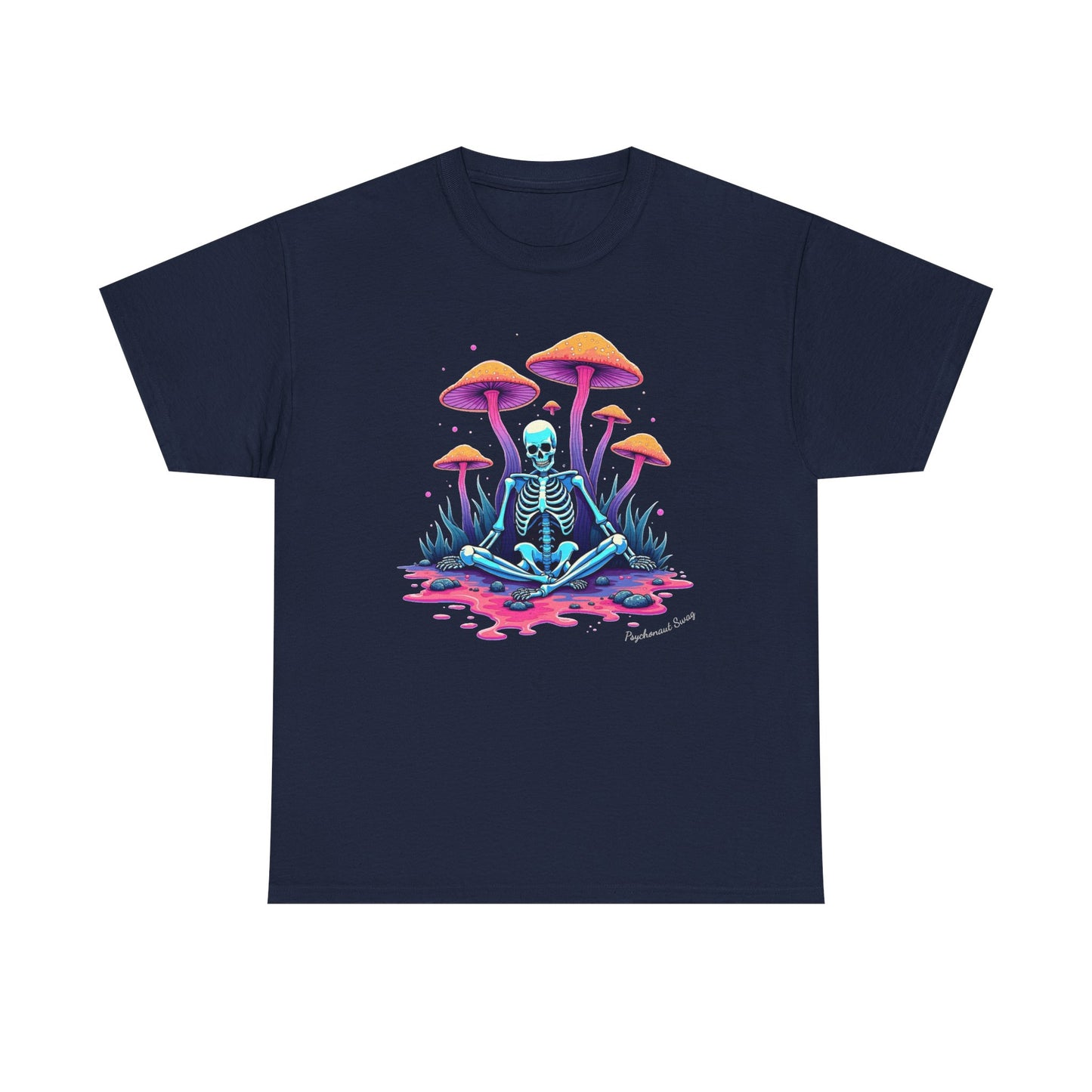 Psychedelic Mushroom Skeleton Near-Death Trip T‑Shirt — Neon Trippy Fungi Meditation Tee