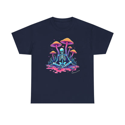 Psychedelic Mushroom Skeleton Near-Death Trip T‑Shirt — Neon Trippy Fungi Meditation Tee