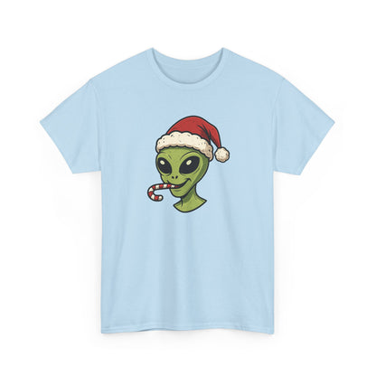 Alien Santa T-Shirt — Cute Green Alien with Santa Hat & Candy Cane Holiday Tee