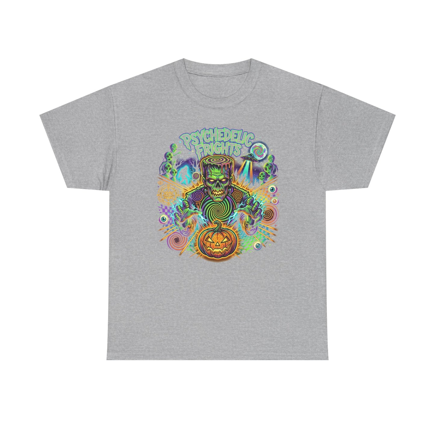 Psychedelic Monsters Halloween Tee — Spooky Pumpkin and Sasquatch Horror Graphic T-Shirt