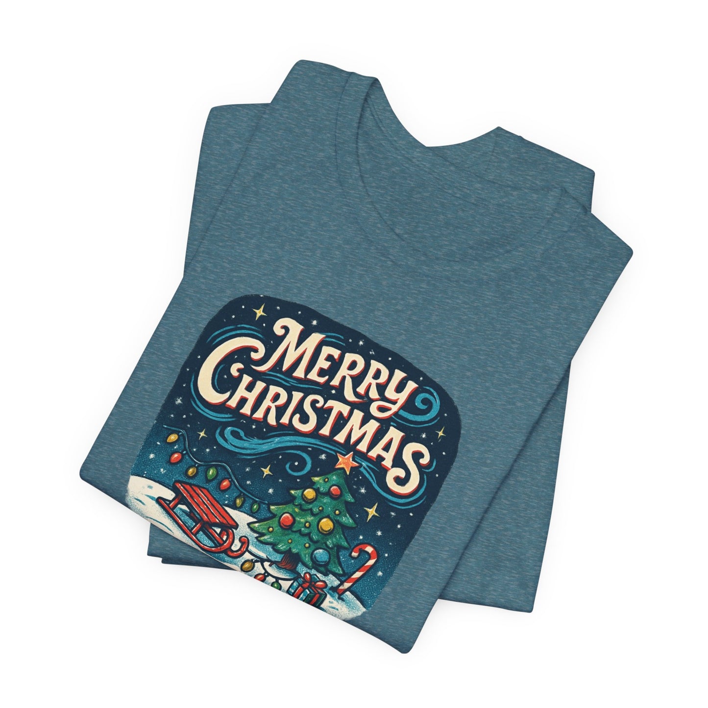Merry Christmas Tee — Vintage Holiday Tree & Sled Graphic T-Shirt