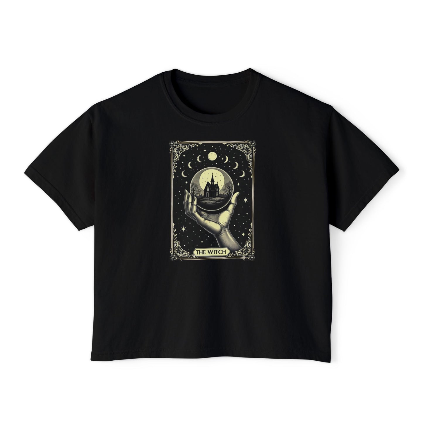 Witch Tarot Boxy Tee - Mystic Crystal Ball Graphic Women’s Crop Shirt