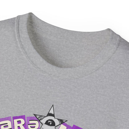 Paranoid in Vegas, Retro Cyber Goth Tee — Purple Distorted Face Graphic Shirt