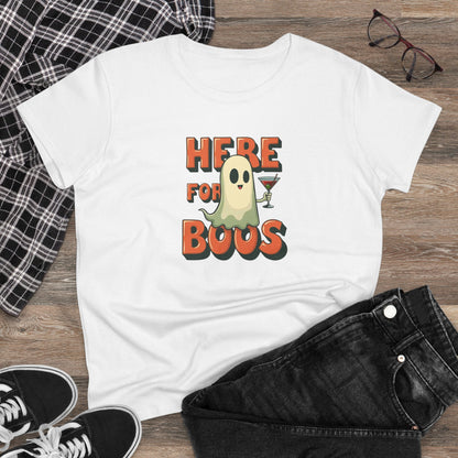 Here for Boos Halloween Ghost Tee — Funny Women’s Halloween T-Shirt with Cocktail Ghost