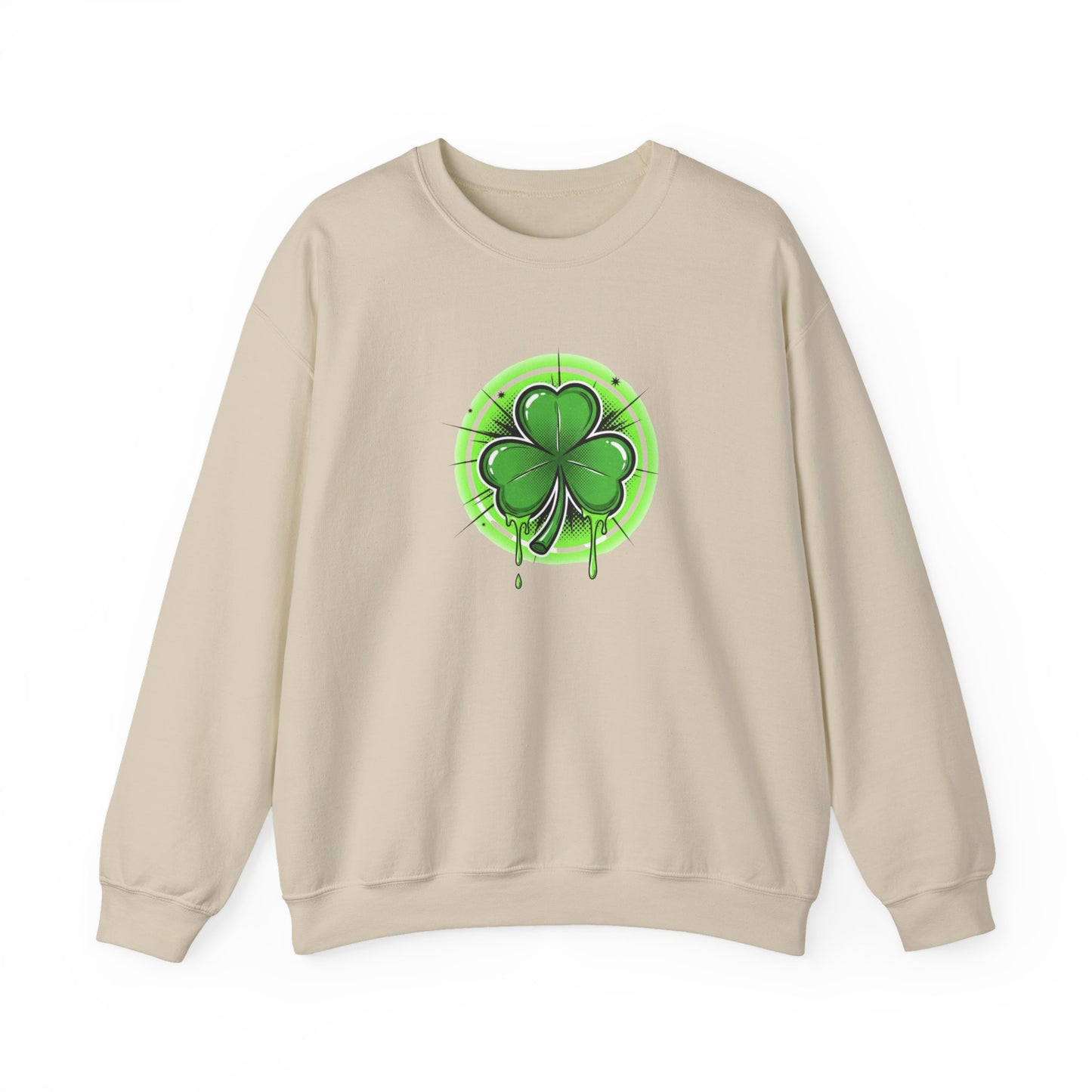Oozing with Luck, Four-Leaf Clover Crewneck Sweatshirt — Neon Lucky Shamrock St. Patrick’s Day Pullover
