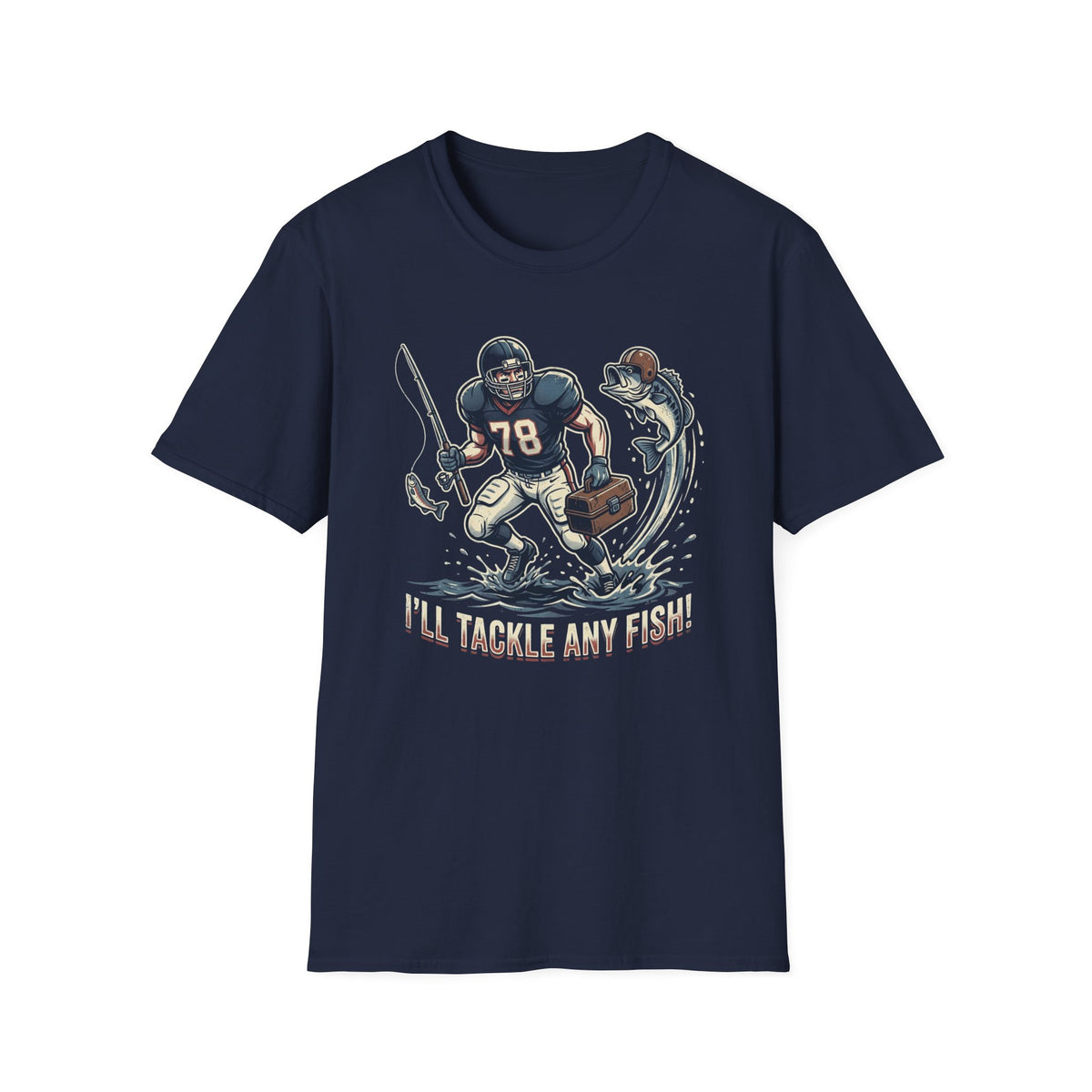 Football Fisherman T‑Shirt – Vintage Helmeted Player Catching Fish Graphic