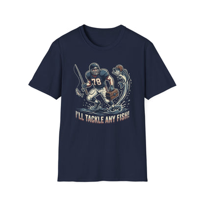 Football Fisherman T‑Shirt – Vintage Helmeted Player Catching Fish Graphic