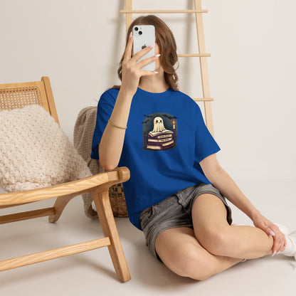 Ghost Reader T-Shirt — Cute Ghost on Stacked Books Halloween Tee