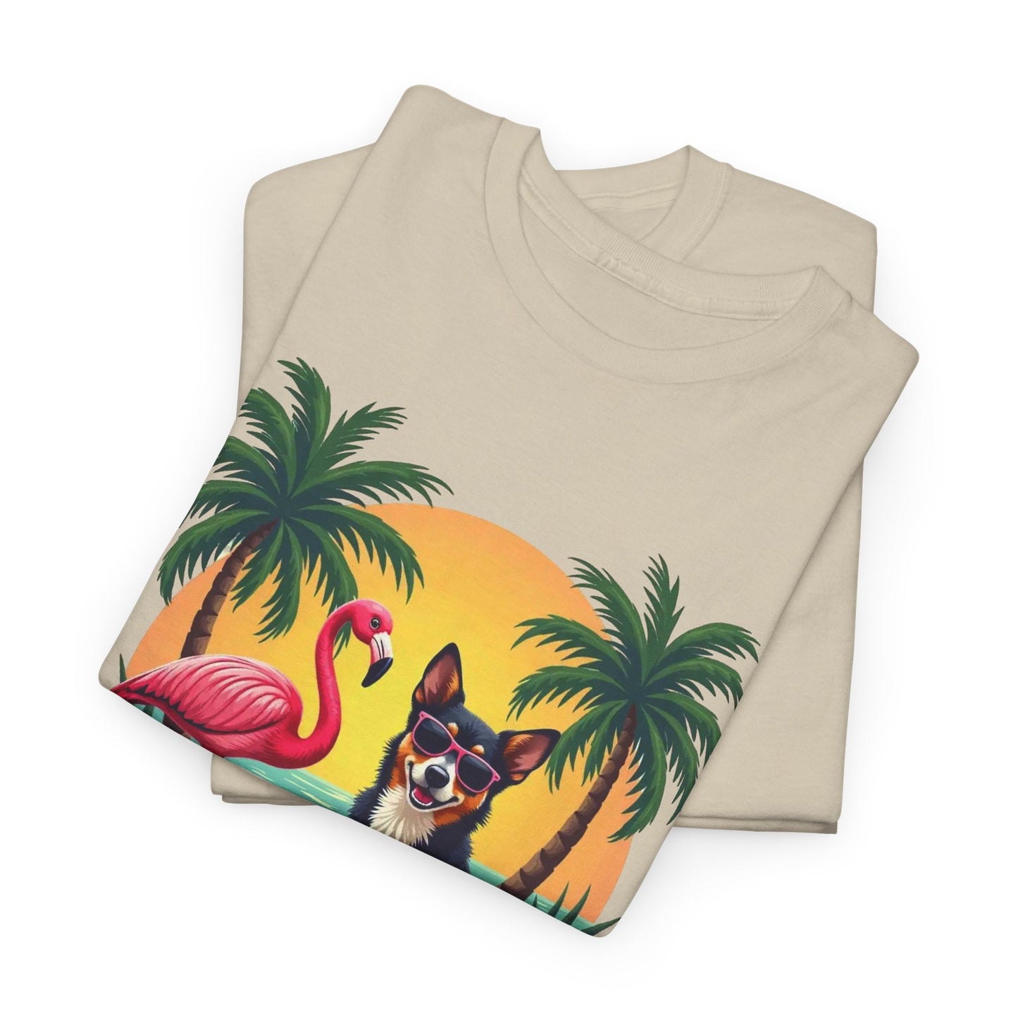 Dog Beach Sunset T-Shirt — Tropical Flamingo Palm Tee