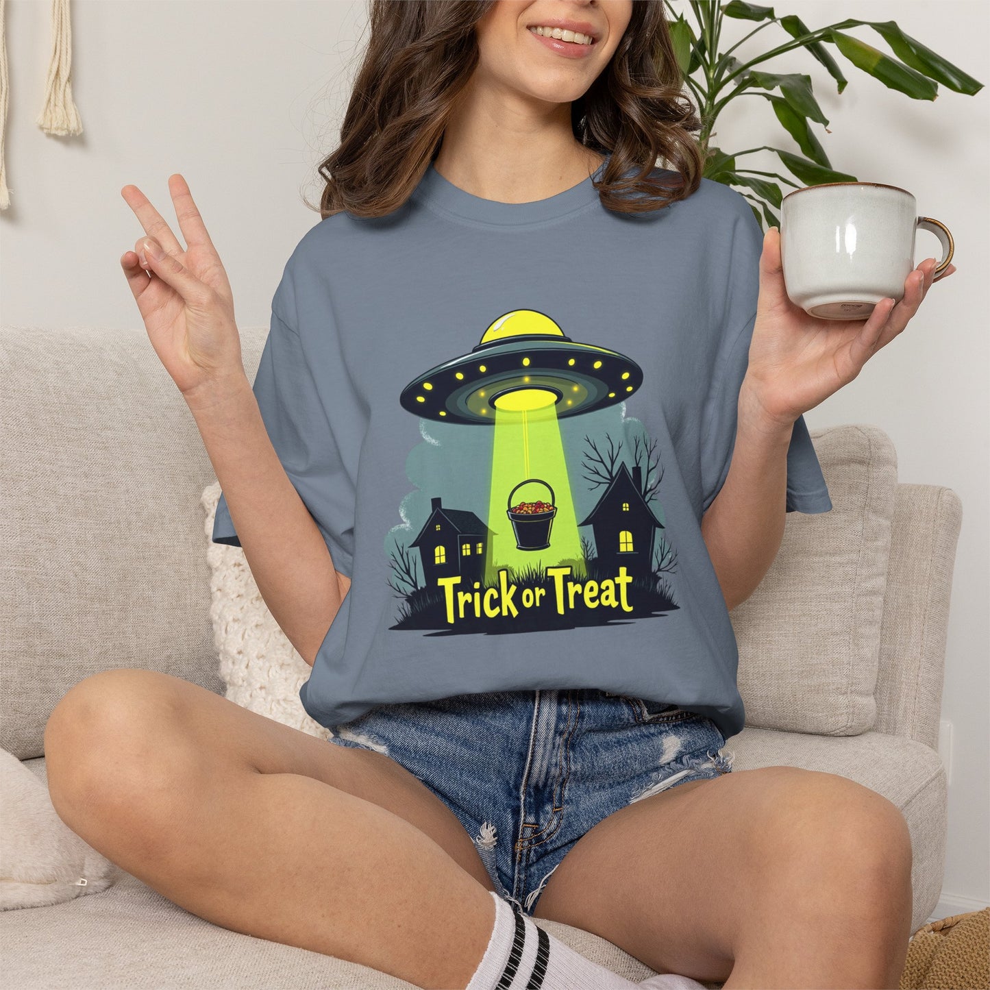 Halloween UFO Trick or Treat T-Shirt — Alien Abduction Spooky Tee