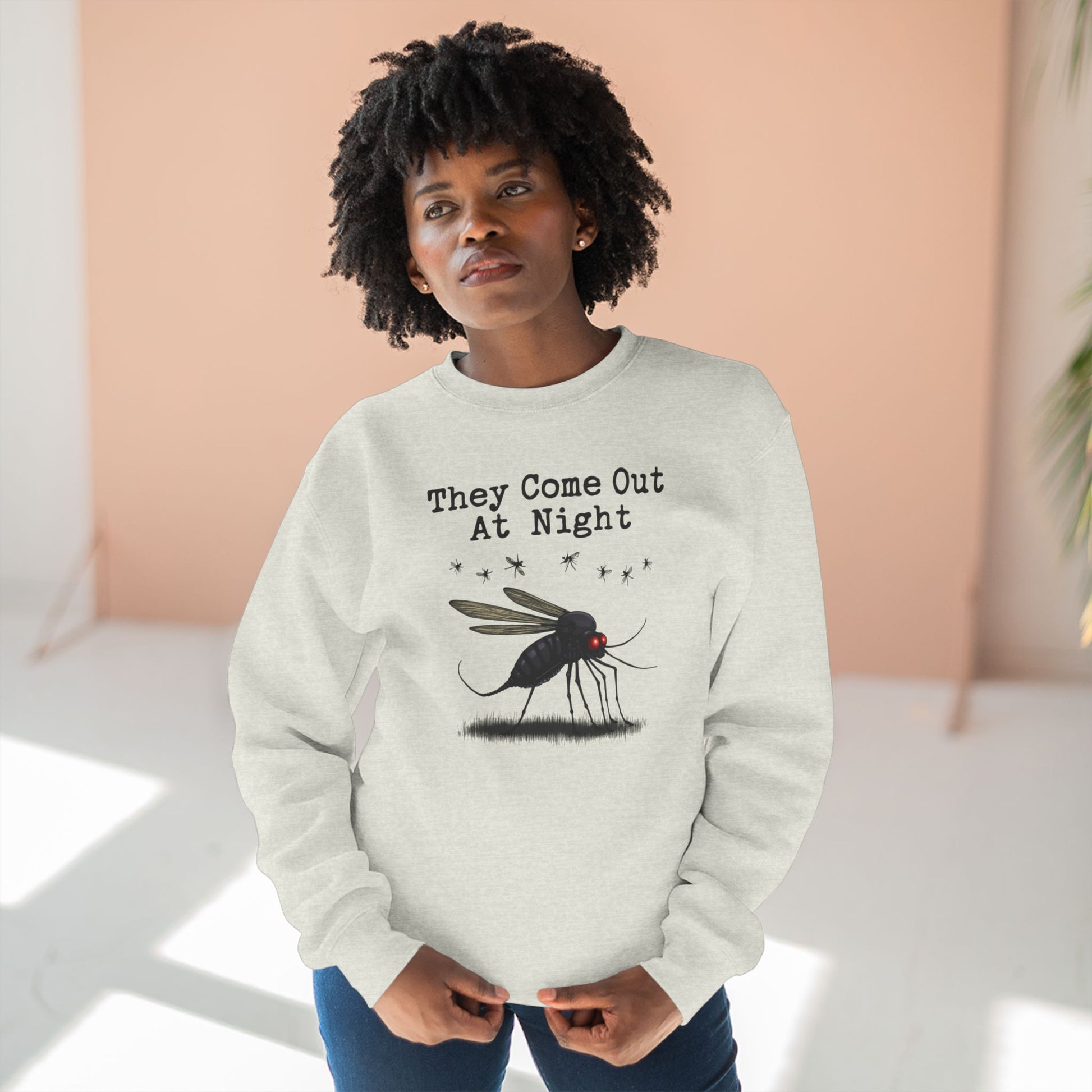 Mosquito, They come out at night, Cozy Nighttime Crewneck Sweatshirt, perfect for casual wear, gift for nature lovers, cozy evenings, Halloween, spooky season, graphic [...] - Psychonaut Swag