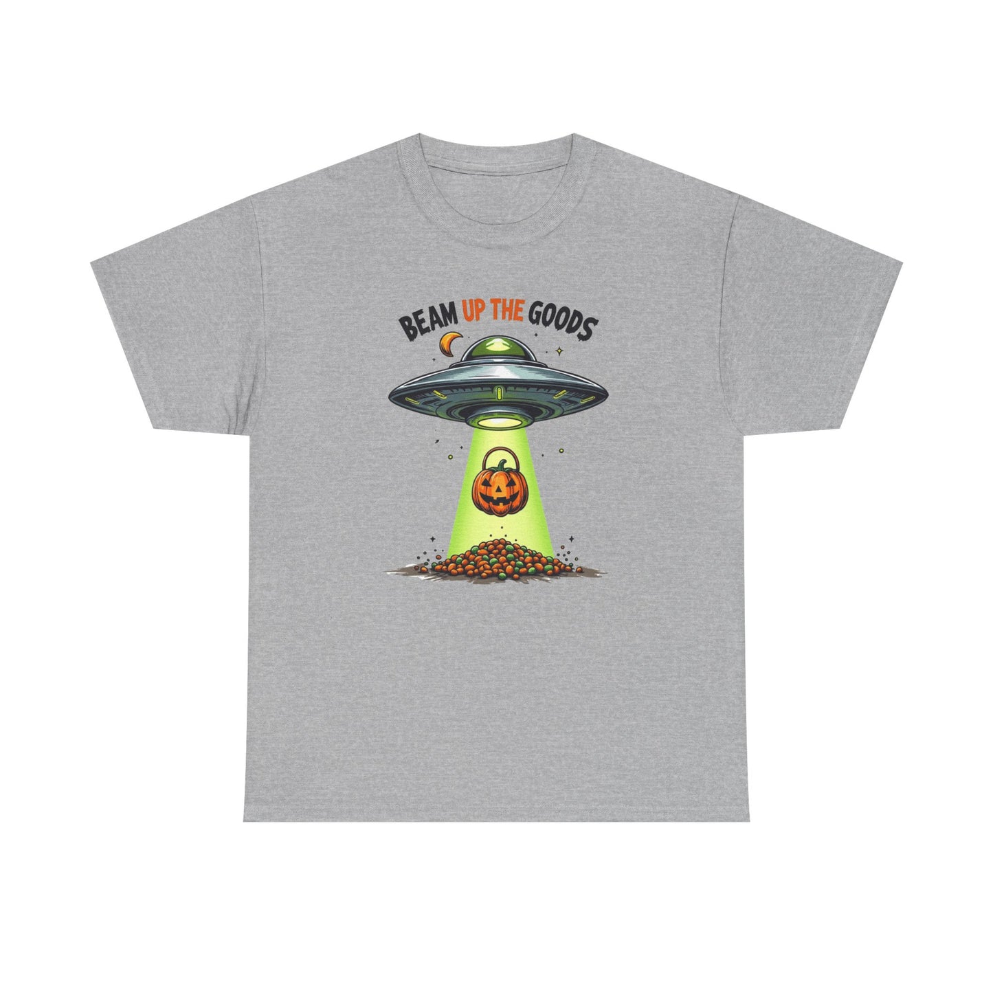 Halloween UFO T-Shirt — "Beam Up The Goods" Pumpkin Candy Abduction Tee