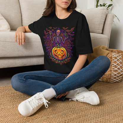 Skeleton Sorcerer Halloween T-Shirt — Jack-O'-Lantern & Bats Spooky Tee