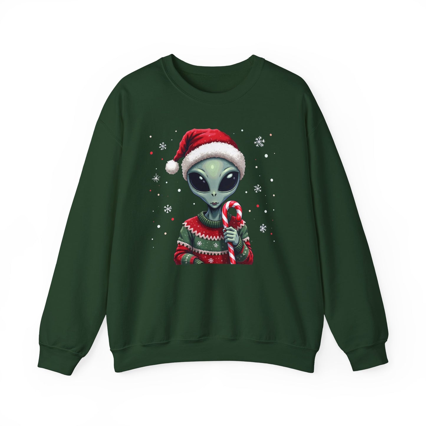 Alien Christmas Sweatshirt — Cute Santa Alien in Candy Cane Sweater