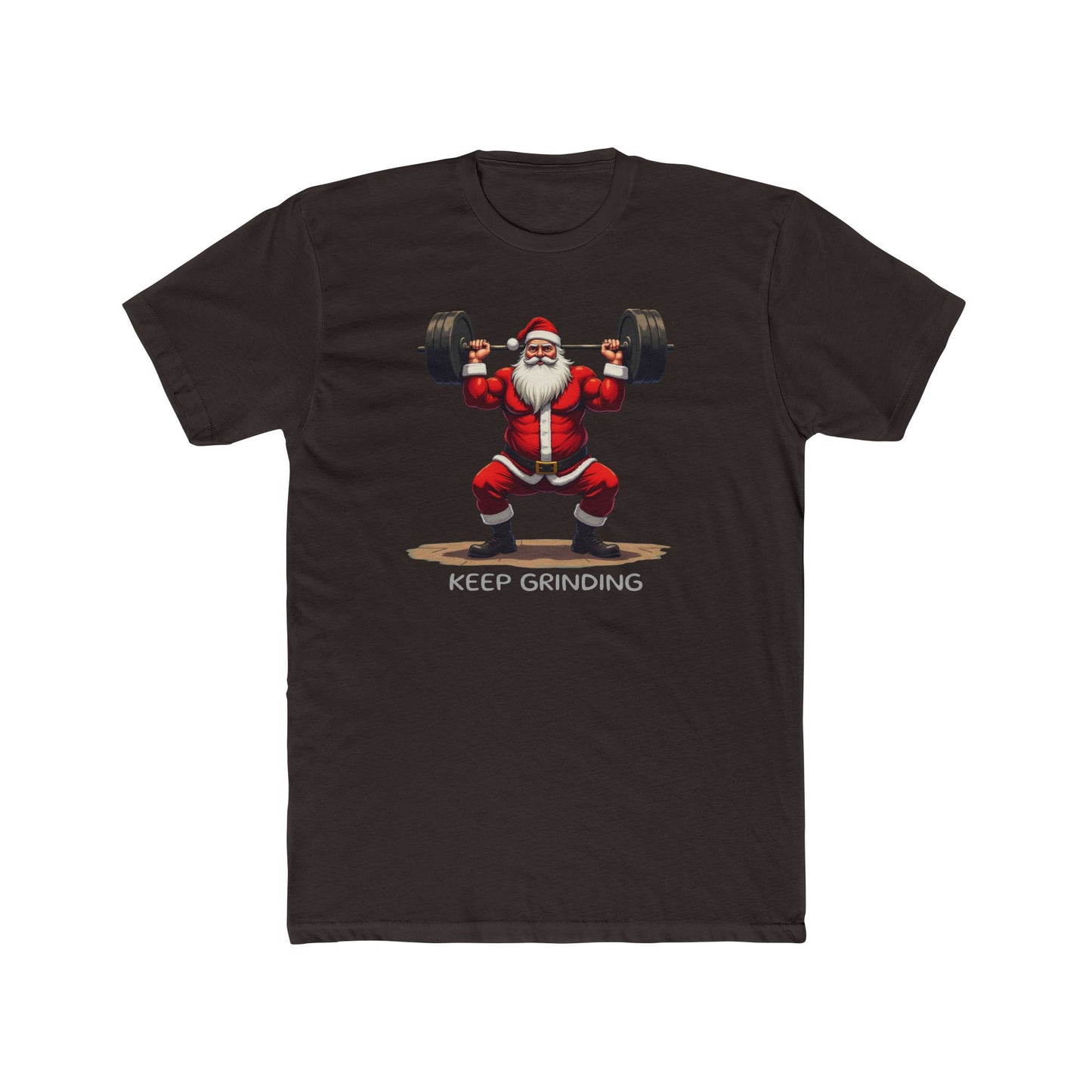 Santa Weightlifter, KEEP GRINDING T‑Shirt — Funny Christmas Gym Tee