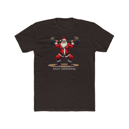Santa Weightlifter, KEEP GRINDING T‑Shirt — Funny Christmas Gym Tee