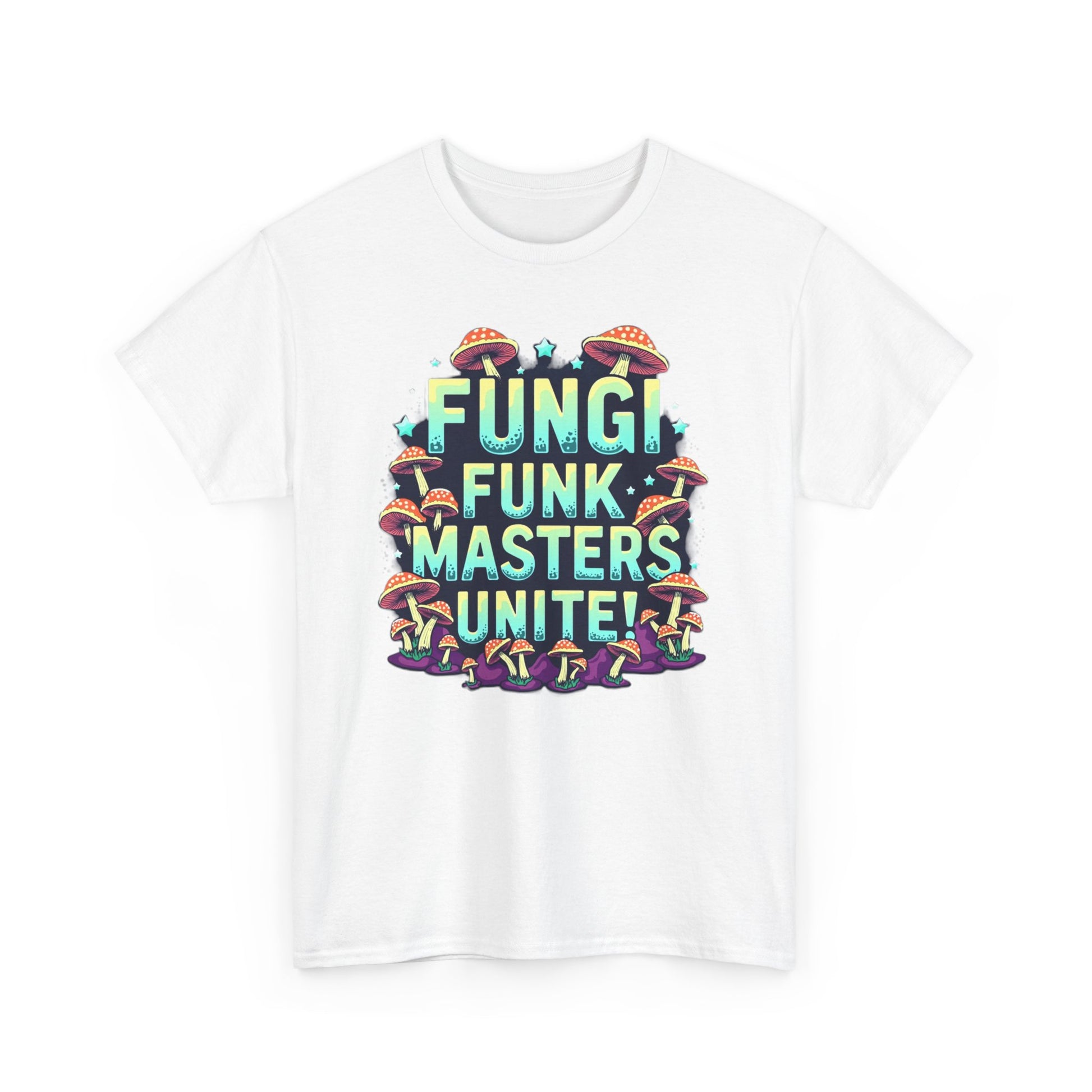 Fungi Funk Masters Unite Unisex Heavy Cotton Tee - Playful Mushroom Graphic T-Shirt - Psychonaut Swag