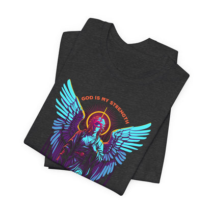 St. Gabriel Angel Tee — "God Is My Strength" Neon Graphic T-Shirt