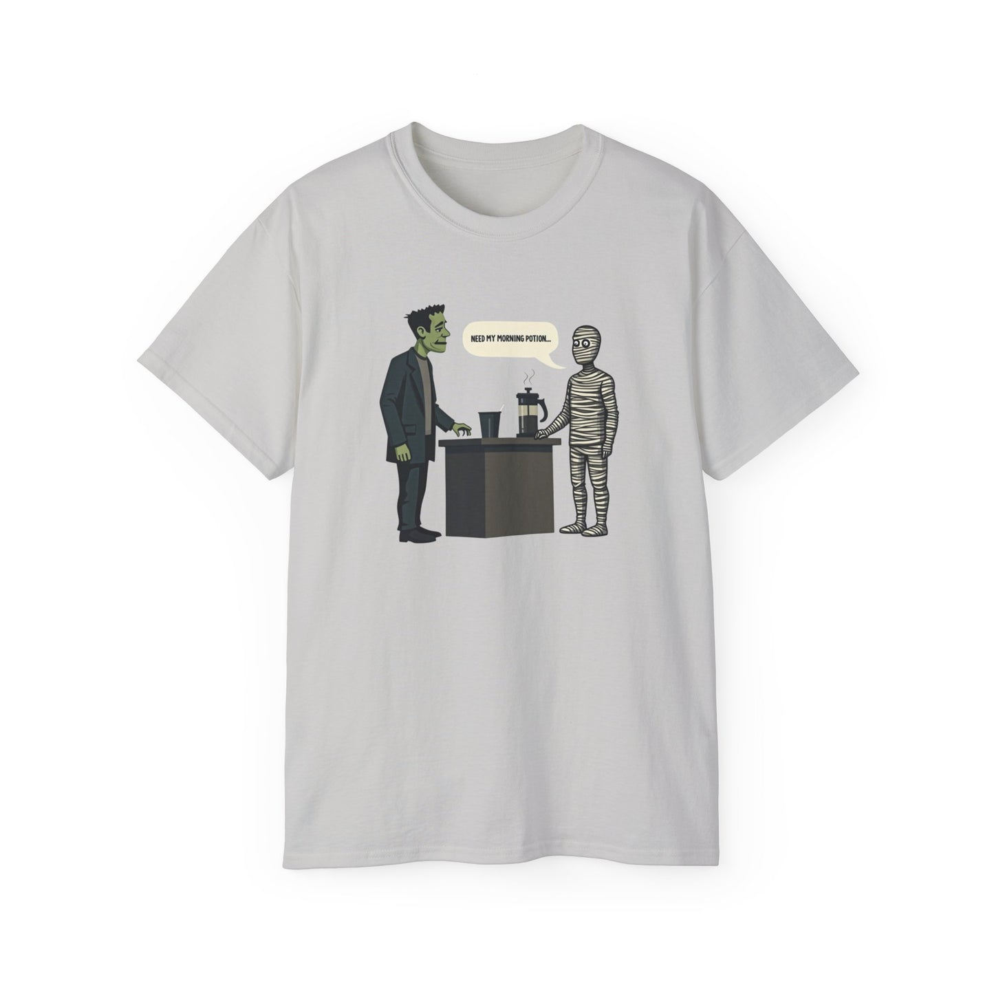Funny Halloween Tee — Frankenstein & Mummy Coffee Joke Shirt