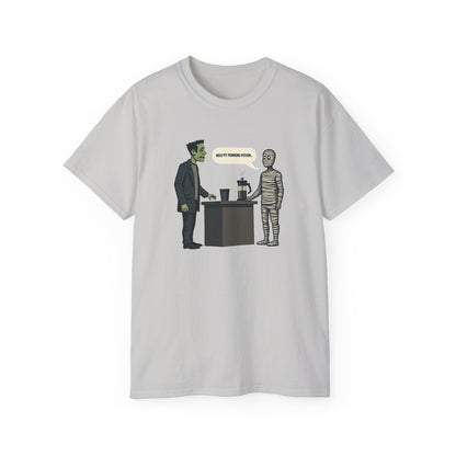 Funny Halloween Tee — Frankenstein & Mummy Coffee Joke Shirt