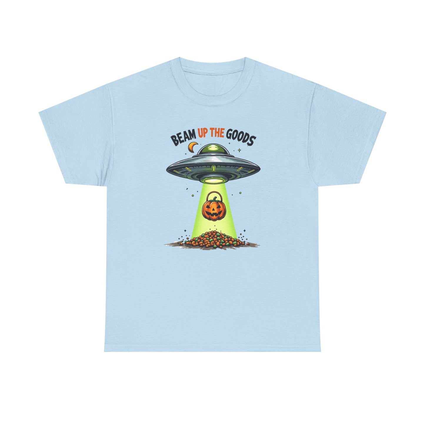 Halloween UFO T-Shirt — "Beam Up The Goods" Pumpkin Candy Abduction Tee