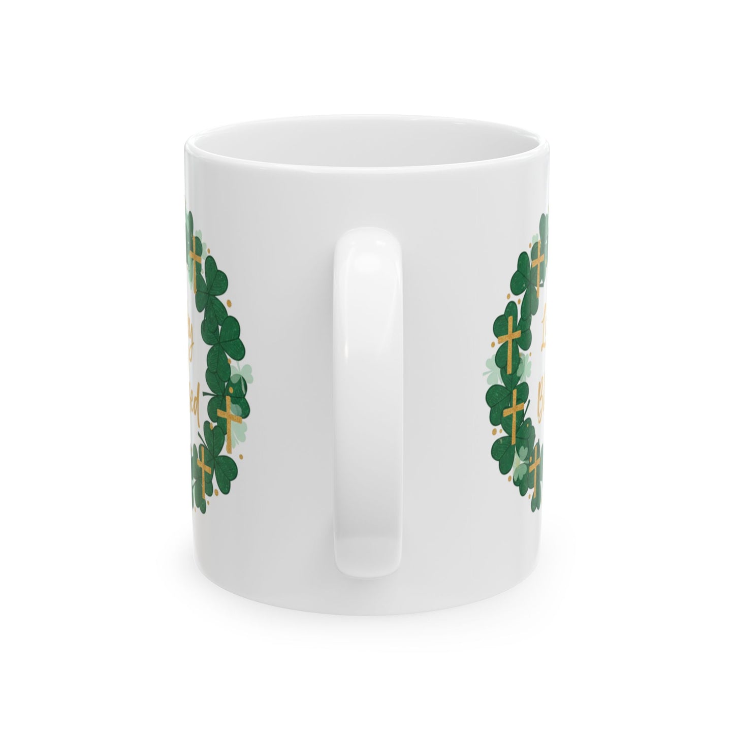 Lucky and Blessed Ceramic Mug — St. Patrick’s Shamrock & Cross Coffee Cup (11oz/15oz)