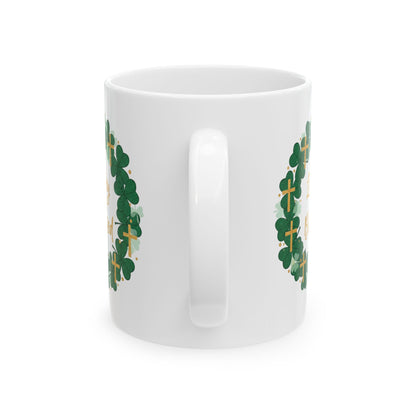 Lucky and Blessed Ceramic Mug — St. Patrick’s Shamrock & Cross Coffee Cup (11oz/15oz)