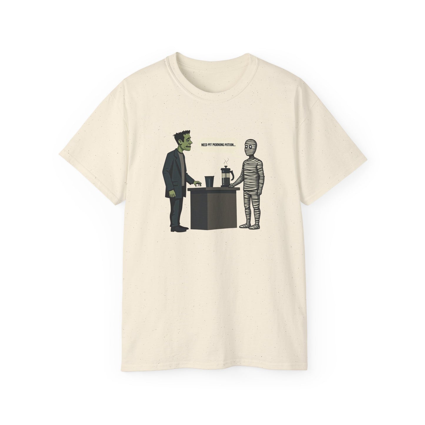 Funny Halloween Tee — Frankenstein & Mummy Coffee Joke Shirt