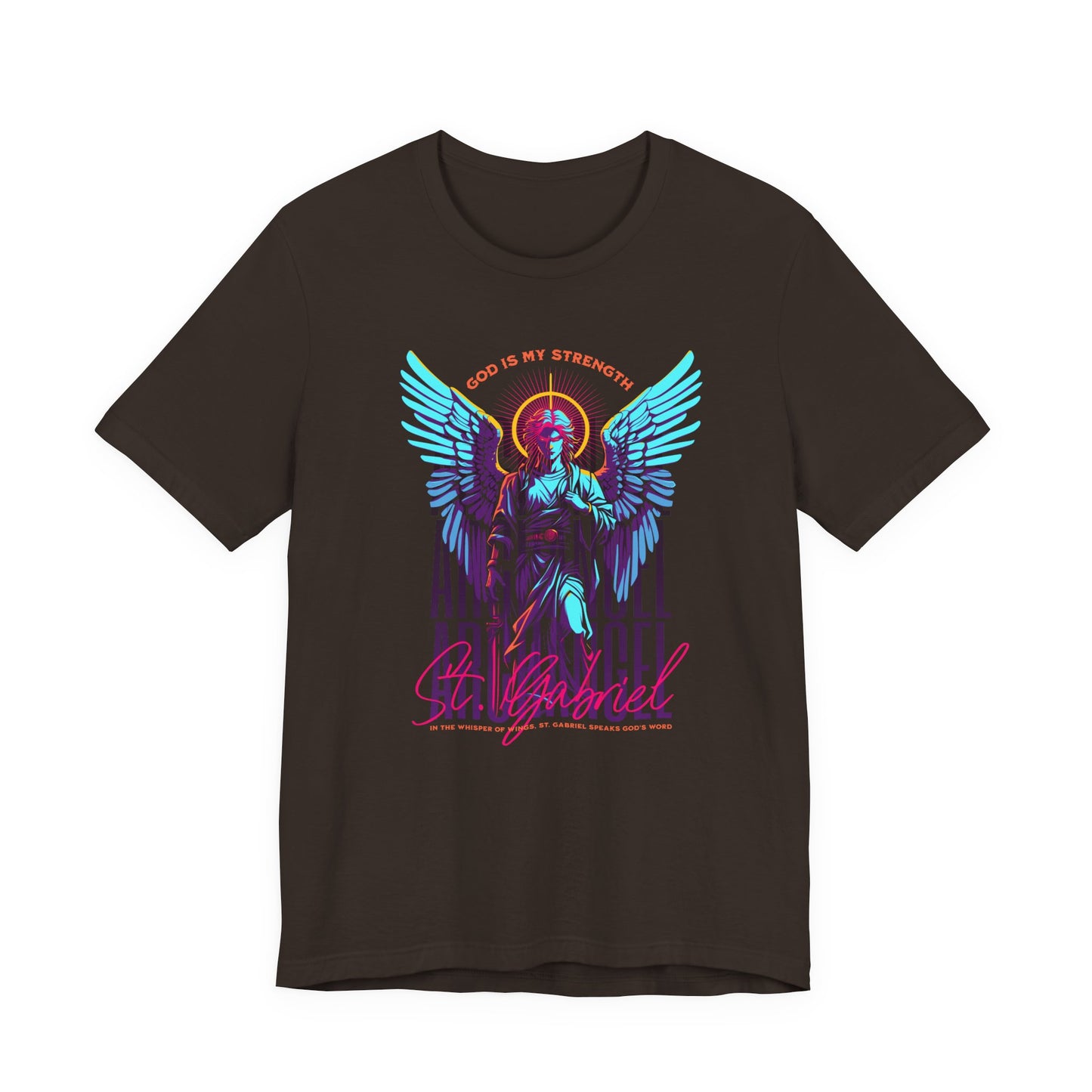 St. Gabriel Angel Tee — "God Is My Strength" Neon Graphic T-Shirt