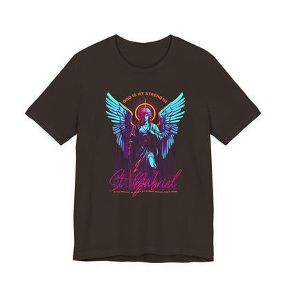 St. Gabriel Angel Tee — "God Is My Strength" Neon Graphic T-Shirt