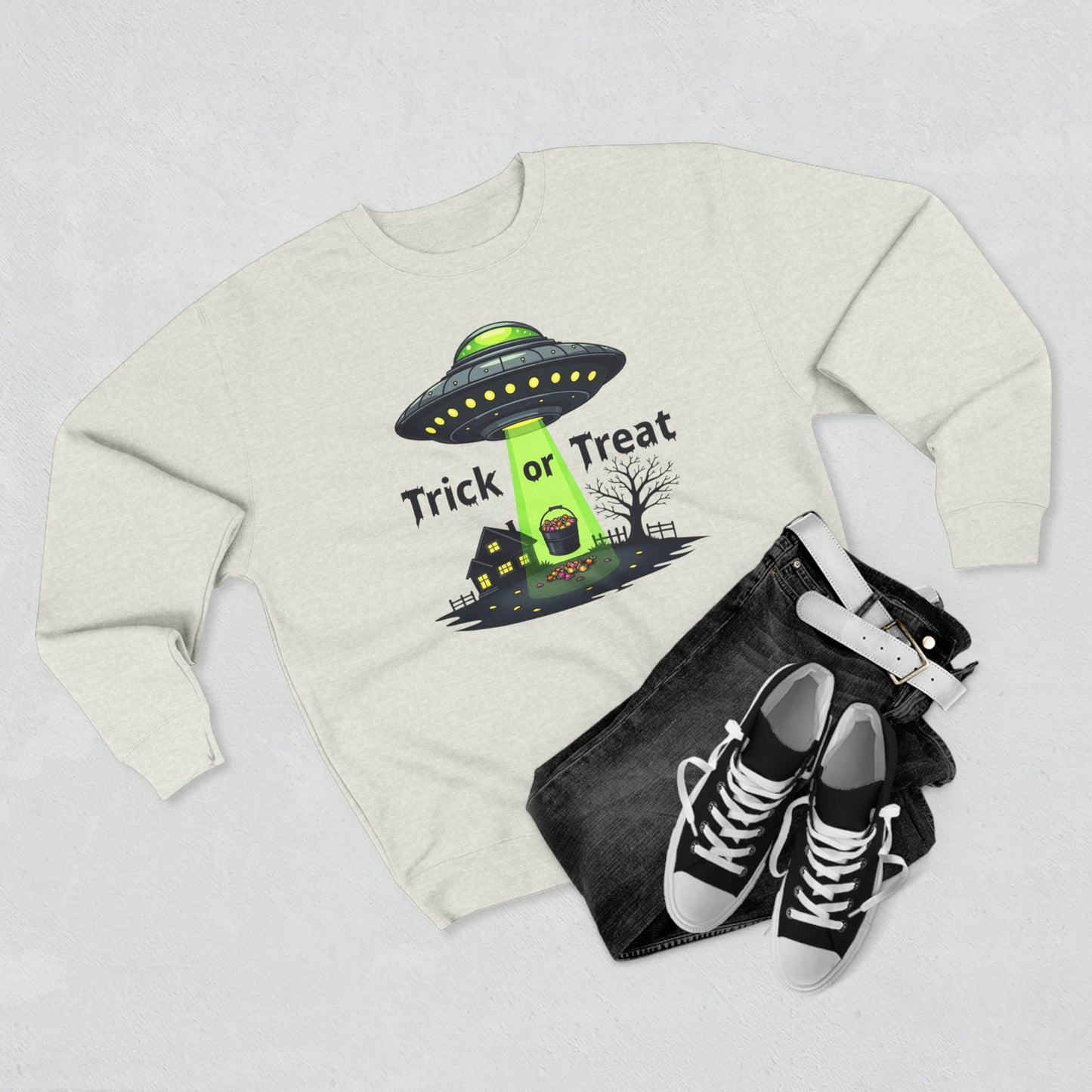Halloween UFO Sweatshirt - "Trick or Treat" Alien Abduction Crewneck