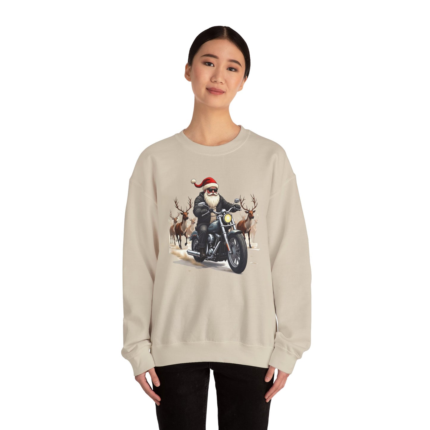 Santa on Motorcycle in Reindeer Stampede — Biker Santa Christmas Crewneck