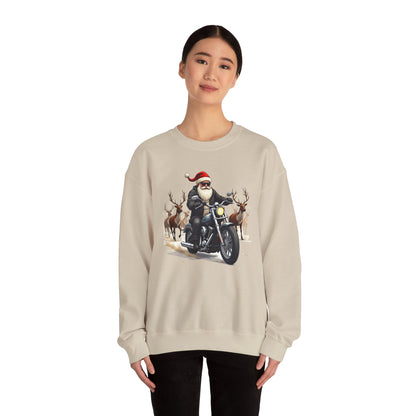 Santa on Motorcycle in Reindeer Stampede — Biker Santa Christmas Crewneck