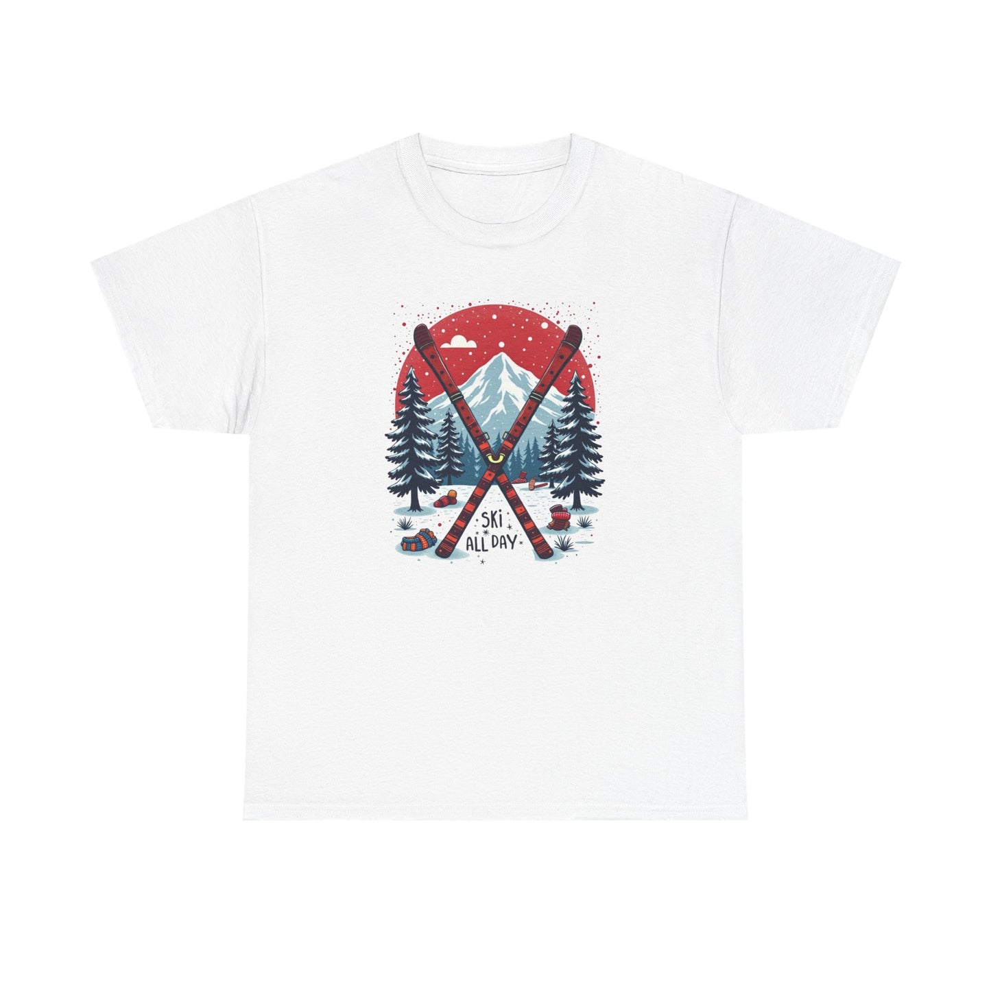 Ski All Day T-Shirt – Vintage Mountain Skis, Trees & Snow Graphic