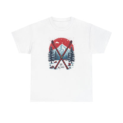 Ski All Day T-Shirt – Vintage Mountain Skis, Trees & Snow Graphic