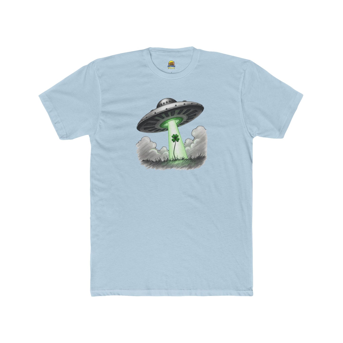 Shamrock Abduction UFO Tee — Green Beam Graphic T-Shirt