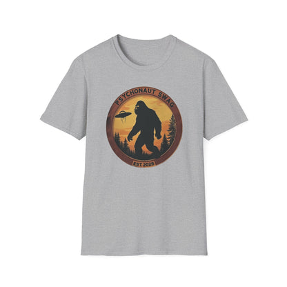 Bigfoot and UFO, Unisex Softstyle T-Shirt, Trendy Graphic Tee, Funny Bigfoot Shirt, Adventure Apparel, Gift for Nature Lovers