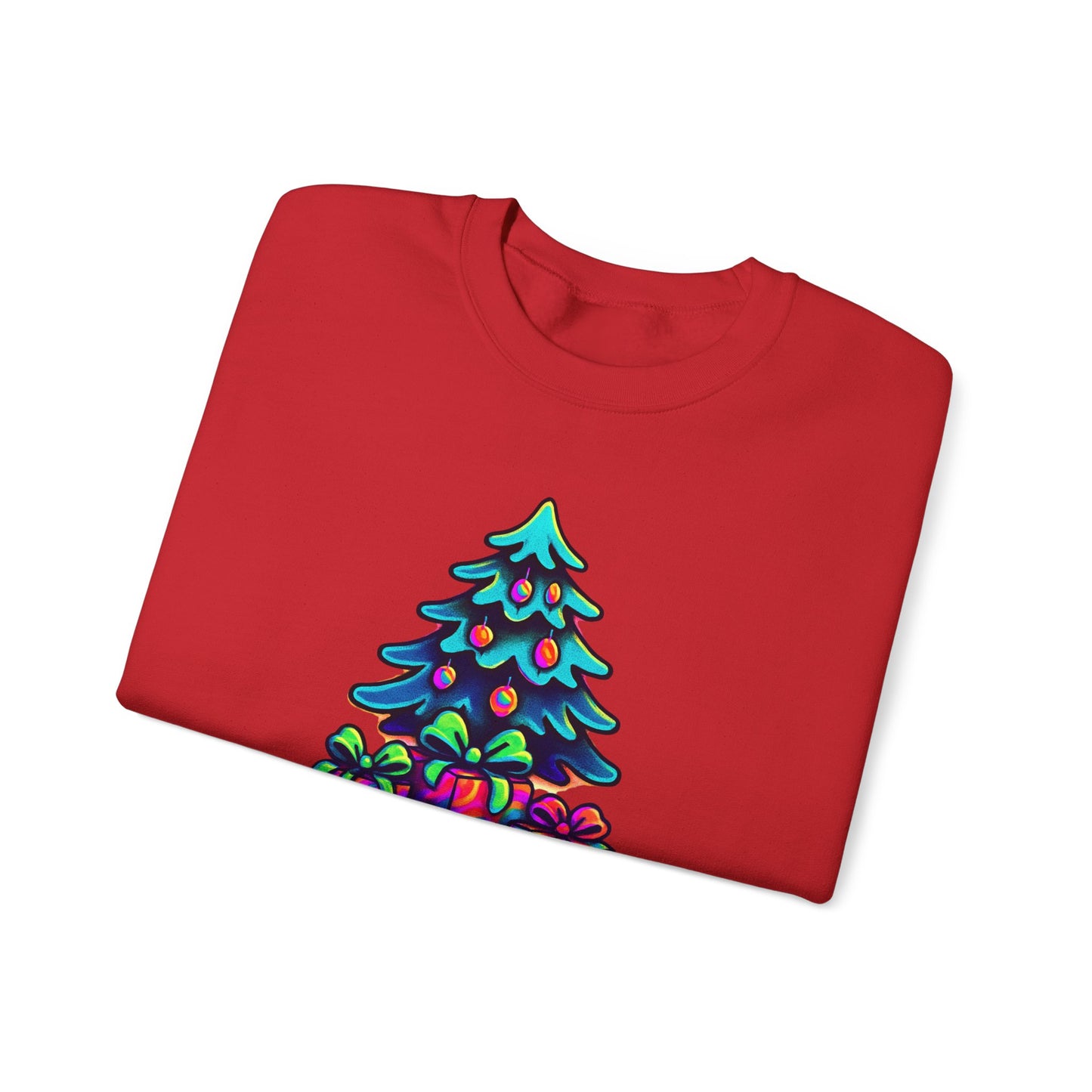 Psychedelic Christmas Tree Sweatshirt — Colorful Holiday Tree with Gifts Crewneck