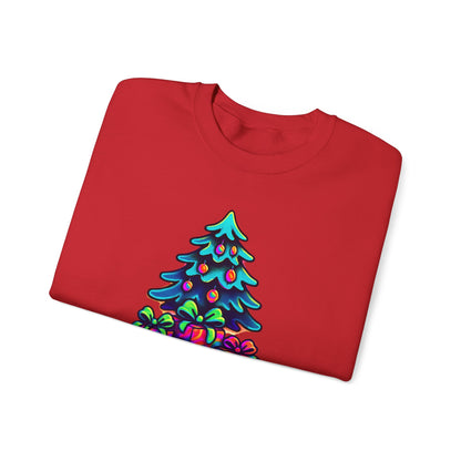 Psychedelic Christmas Tree Sweatshirt — Colorful Holiday Tree with Gifts Crewneck