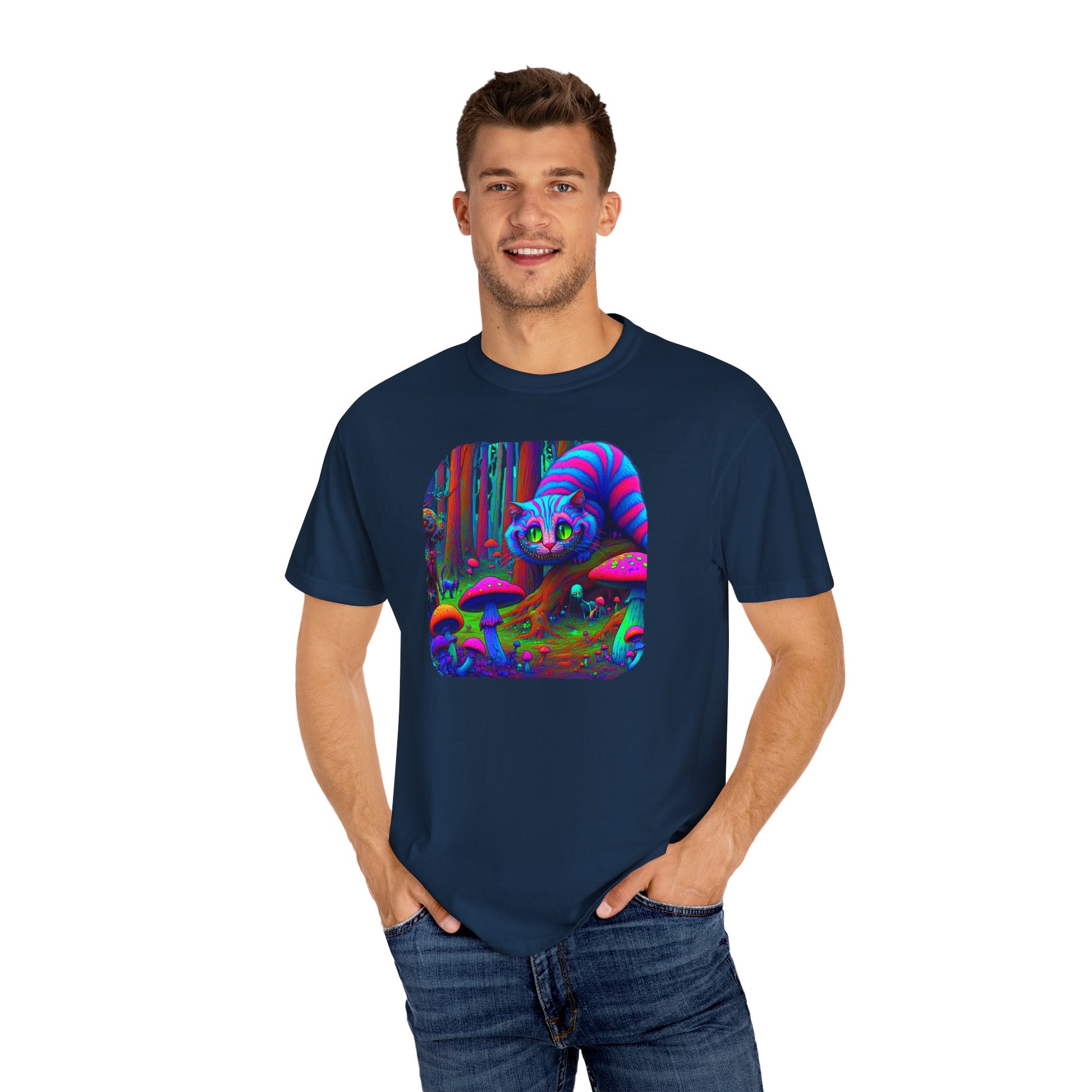 Curious Cat with mushrooms, Unisex Garment-Dyed T-shirt - Psychonaut Swag
