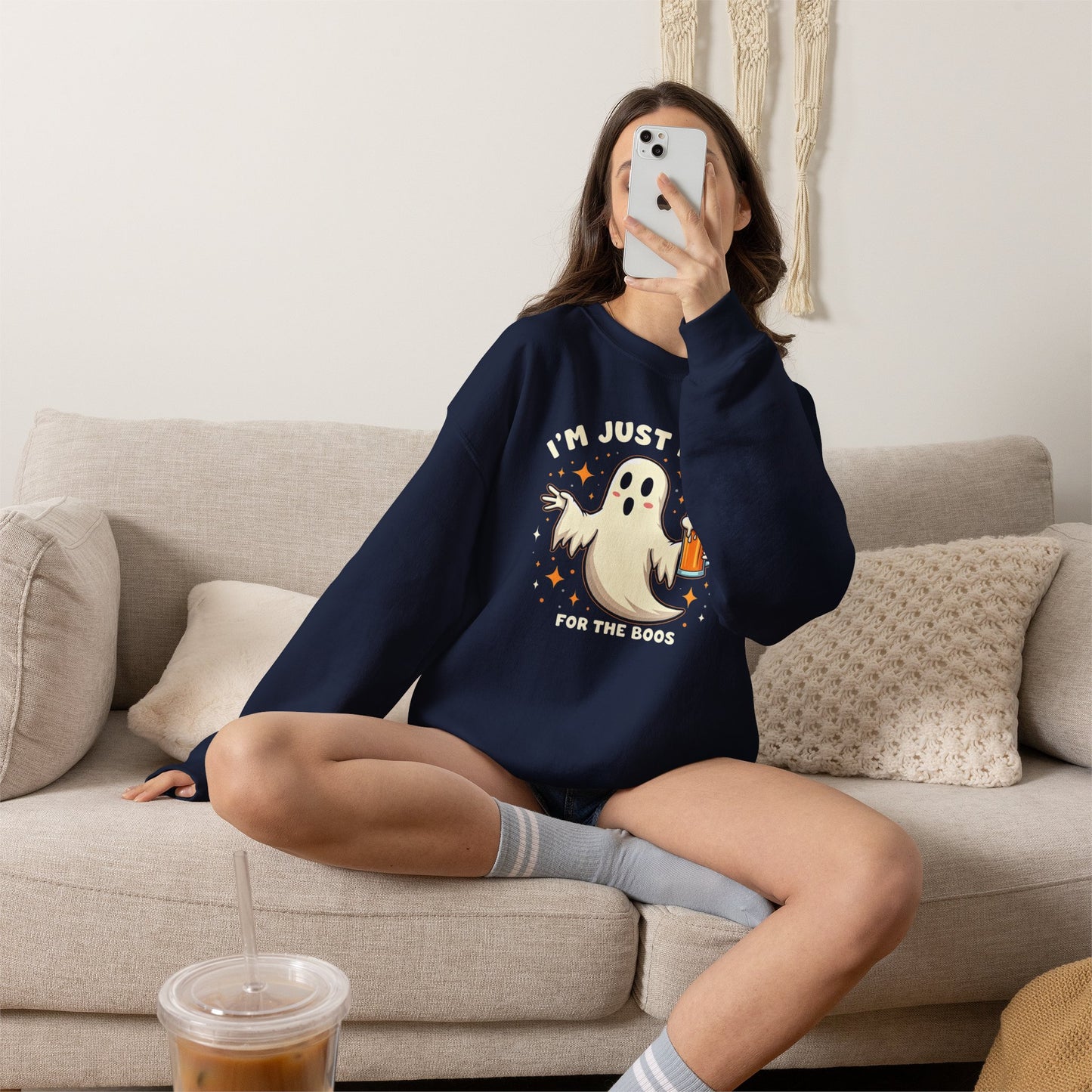 Halloween Ghost Sweatshirt — "I'm Just Here for the Boos" Cozy Crewneck