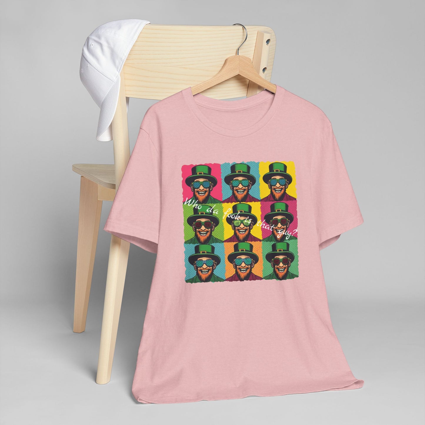 Pop Art Leprechaun, Who da fook is that guy?” T-Shirt — Colorful St. Patrick’s Day Graphic Tee
