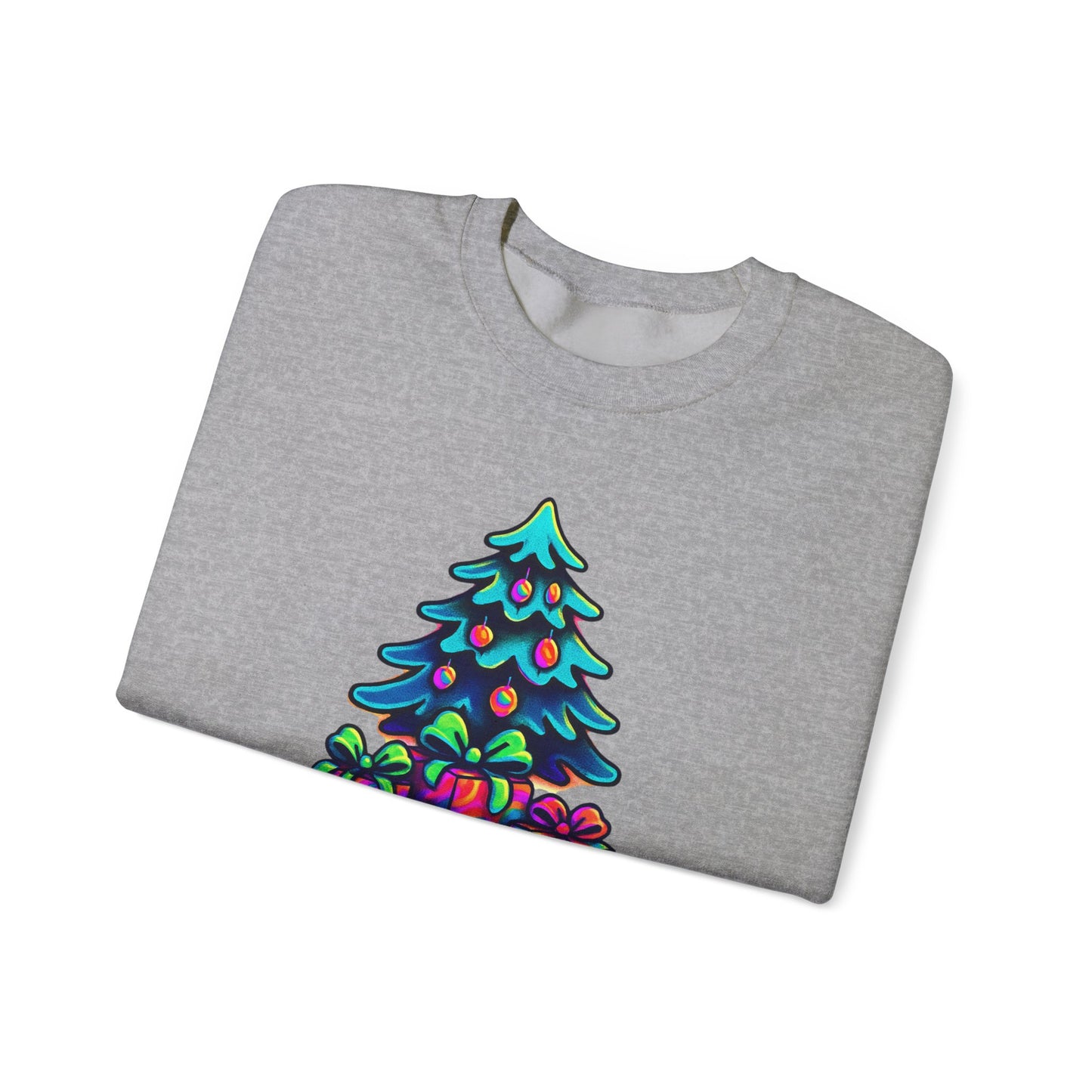 Psychedelic Christmas Tree Sweatshirt — Colorful Holiday Tree with Gifts Crewneck