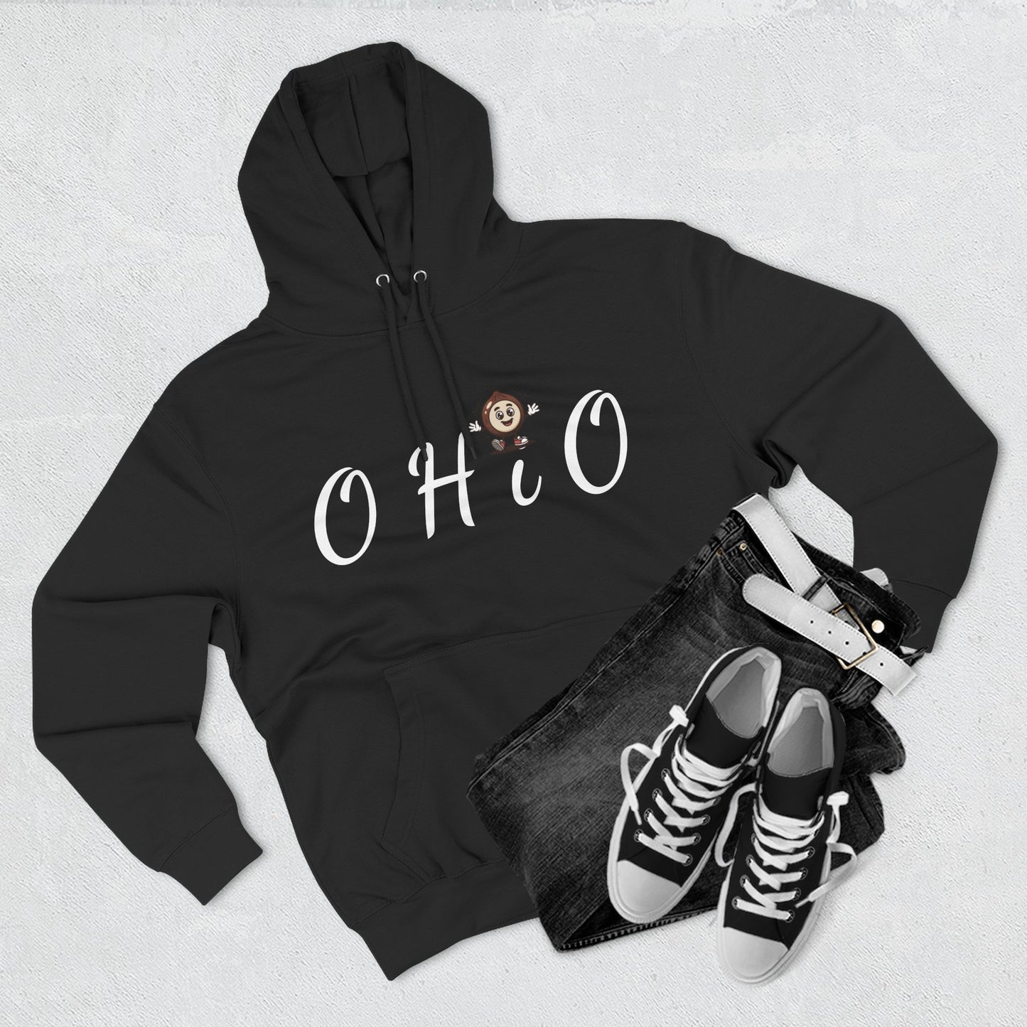 Ohio Script Hoodie with Cute Buckeye Mascot