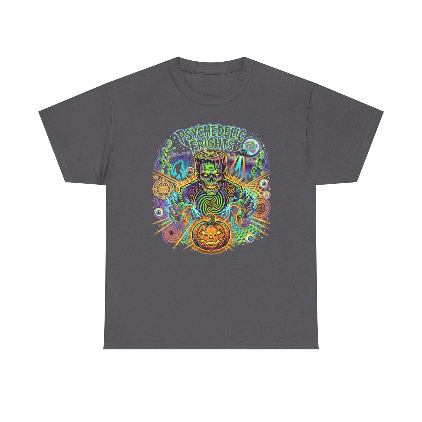 Psychedelic Monsters Halloween Tee — Spooky Pumpkin and Sasquatch Horror Graphic T-Shirt