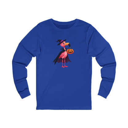 Halloween Flamingo Long Sleeve Tee — Cute Witch Flamingo with Jack‑o’‑Lantern