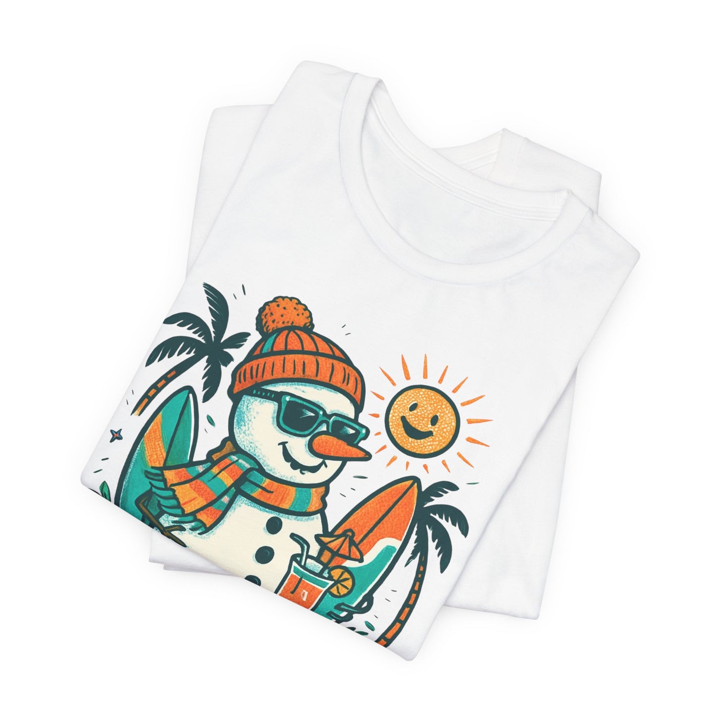 Frosty on Vacation Graphic Tee — Surfing Snowman with Drink Summer Holiday T-Shirt