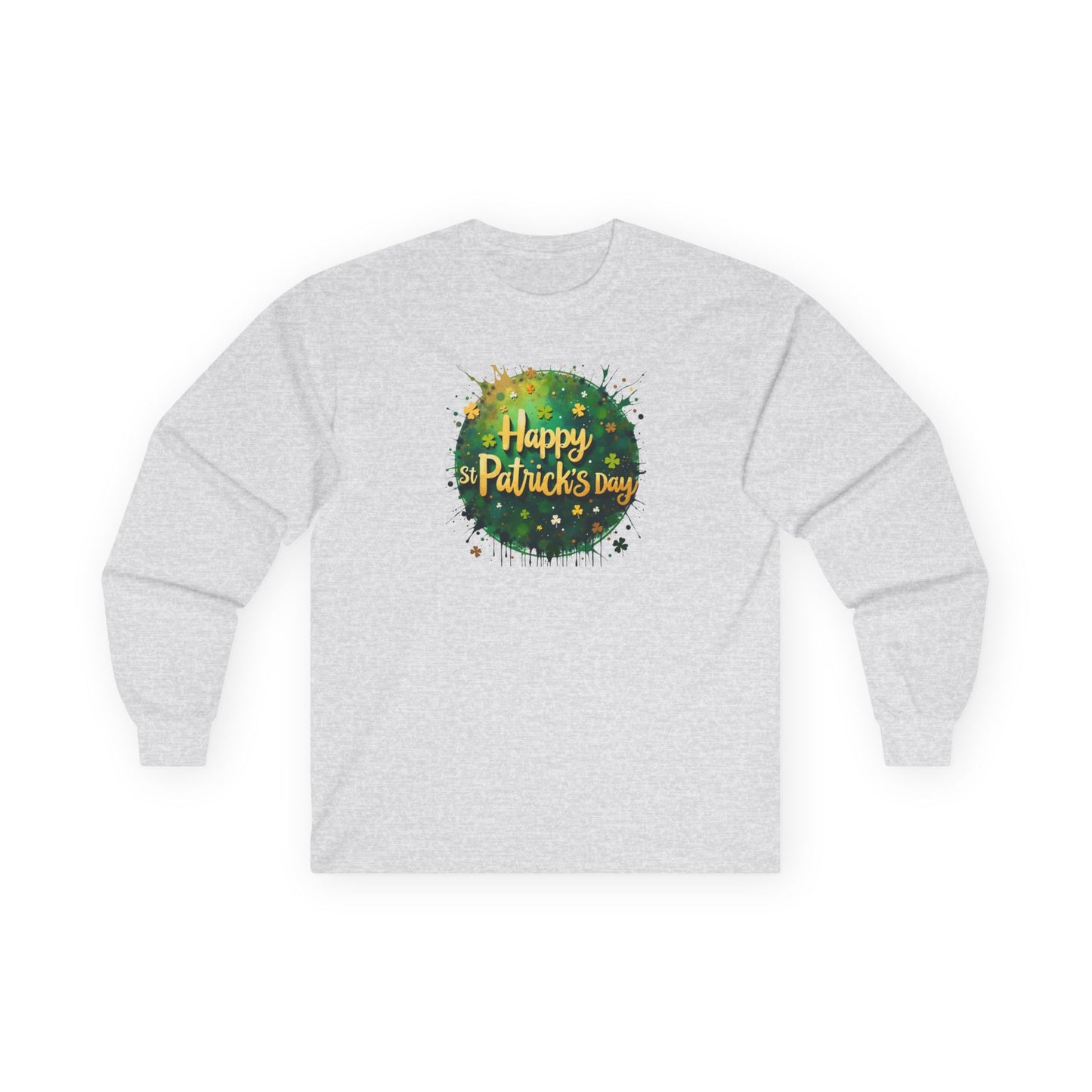 St. Patrick's Day Long Sleeve Tee - "Happy St. Patrick's Day" Green Watercolor Shamrock Design