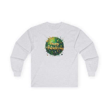 St. Patrick's Day Long Sleeve Tee - "Happy St. Patrick's Day" Green Watercolor Shamrock Design