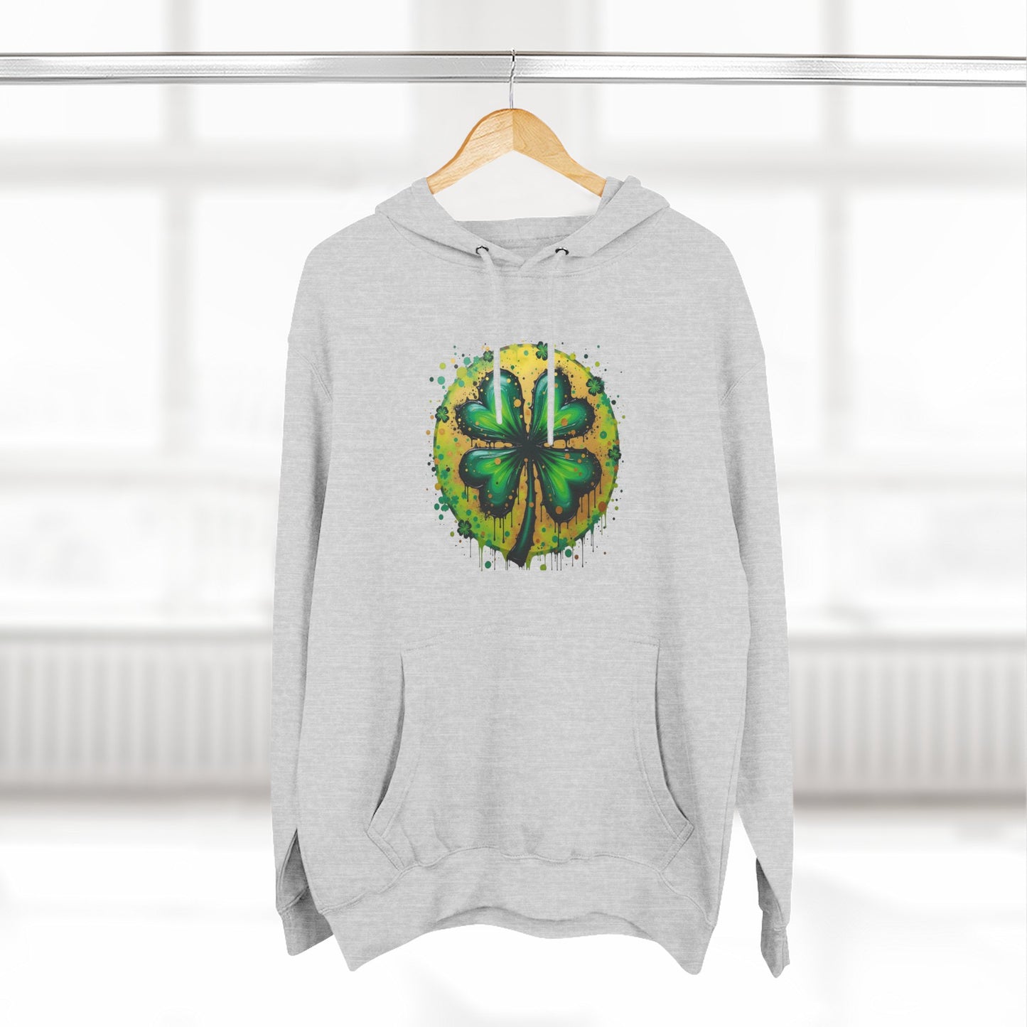St. Patrick's Watercolor Shamrock Hoodie — Green Four-Leaf Luck Pullover